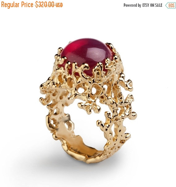 Wedding - 20% off SALE - CORAL Yellow Gold Ruby Ring, Red Ruby Ring, Gold Ruby Engagement Ring, Large Ruby Ring, Ruby Jewelry