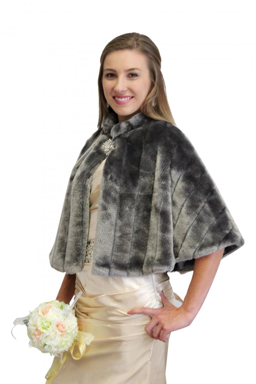 Wedding - Gray faux fur cape, wedding cape, bridal fur capelet, faux fur shrug