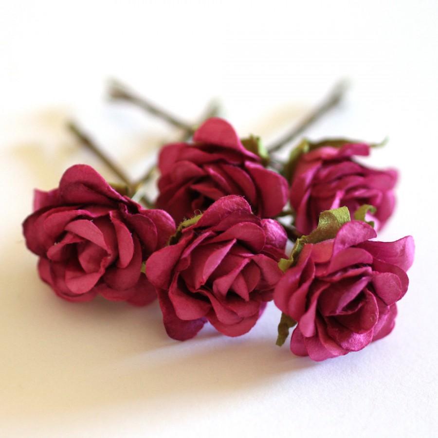 زفاف - Fuchsia Rose, Bridal Hair Accessories, Bohemian Wedding Hair Accessory, Vivid Pink Hair Flower, Brass Bobby Pins - Set of 5