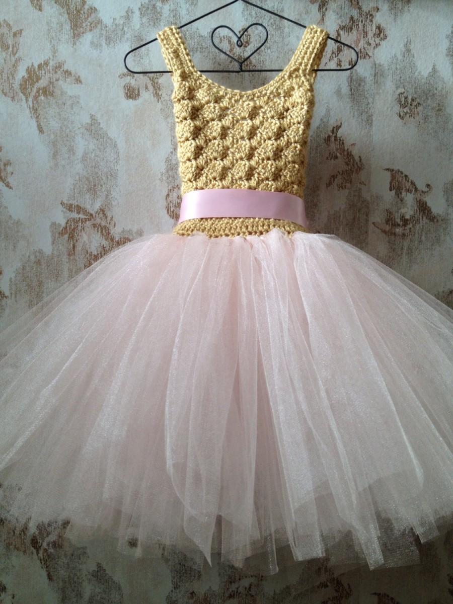 Mariage - Gold and blush flower girl tutu dress, tutu dress, flower girl dress, girl's wedding tutu dress, crochet tutu dress