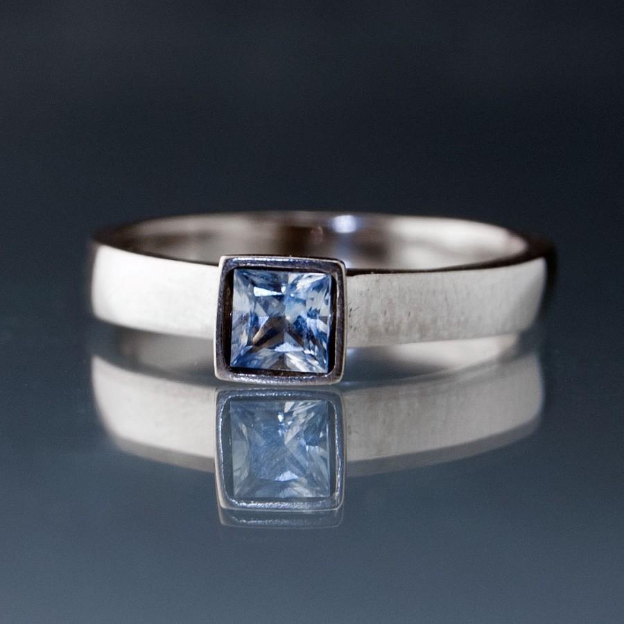 زفاف - Light Blue Sapphire Engagement Ring, Princess Cut Bezel Set Sapphire Solitaire Ring in Palladium, White Gold, Yellow Gold or Rose Gold