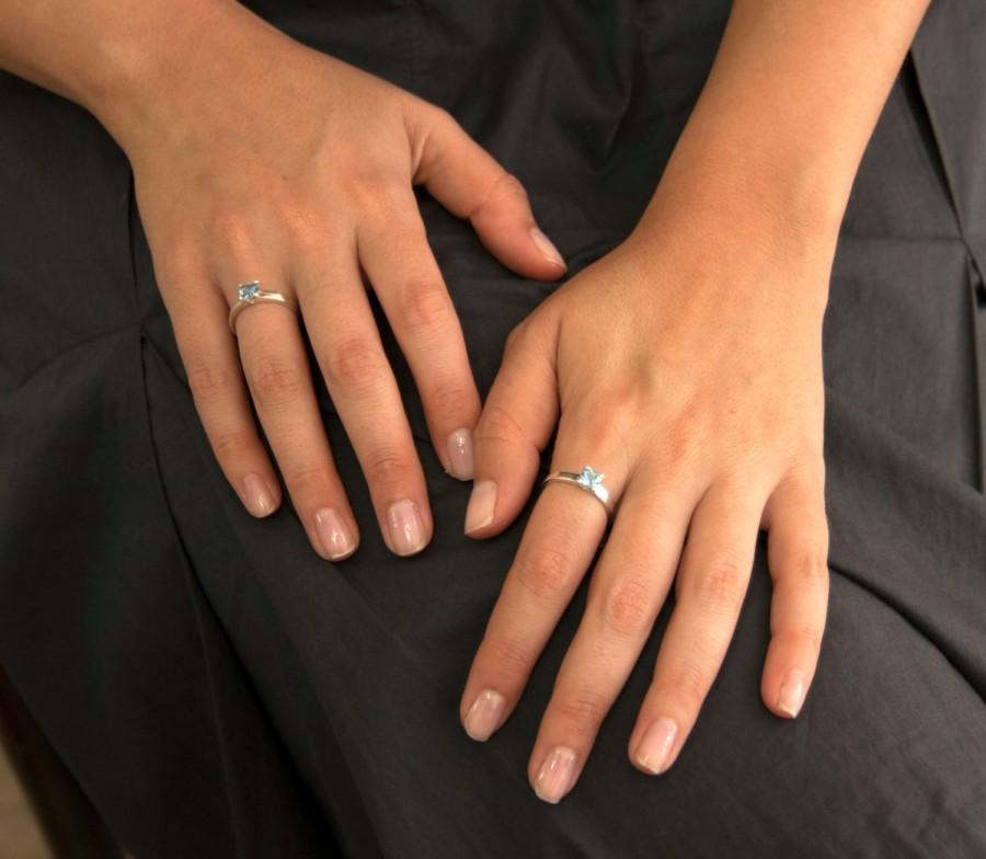 زفاف - Sterling Silver Four engagement ring, aquamarine Engagement ring, Solitaire Engagement Ring,Silver and Zircon Ring