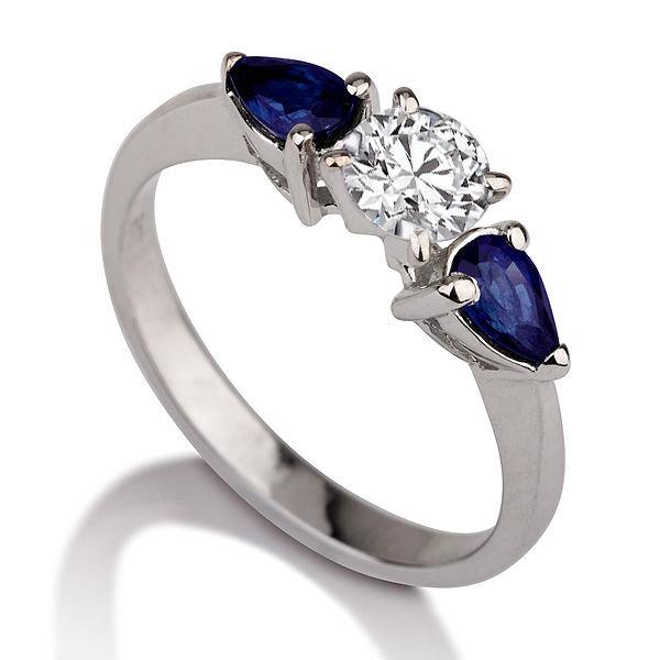 Wedding - Three Stone Engagement Ring, Blue Sapphire Ring, 14K White Gold Ring, Vintage Ring, Unique Engagement Ring, Art Deco Ring