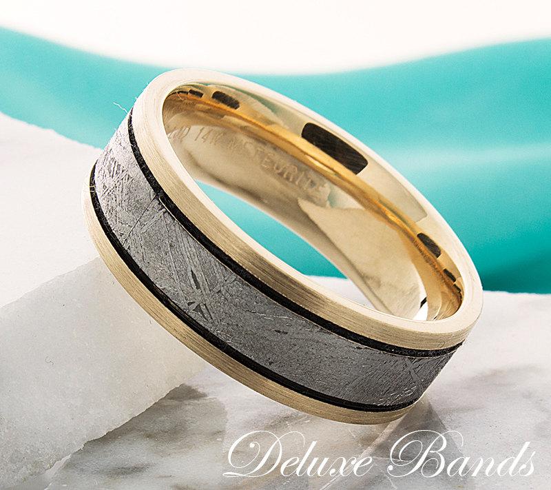 Mariage - Yellow Gold Wedding Band with Meteorite Inlay,7.5mm Flat,Grooved,Ring For Him,Gold Wedding Band,Meteorite Mens Ring,Mens Womens Wedding Ring