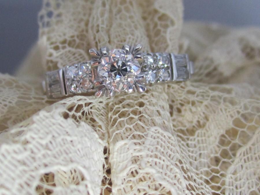 Hochzeit - RESERVED Vintage .60 Ct Center Old European Cut Diamond Engagement Wedding Ring 14k White Gold Art Deco Diamond Accents