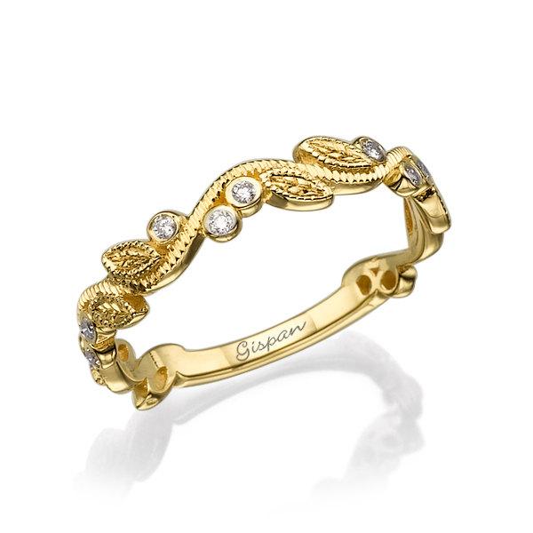 زفاف - Leaves wedding ring 14k yellow gold ring with Diamonds in  half  Band Eternity, leaf wedding ring, Art Deco wedding band, leaf Ring, Leaves
