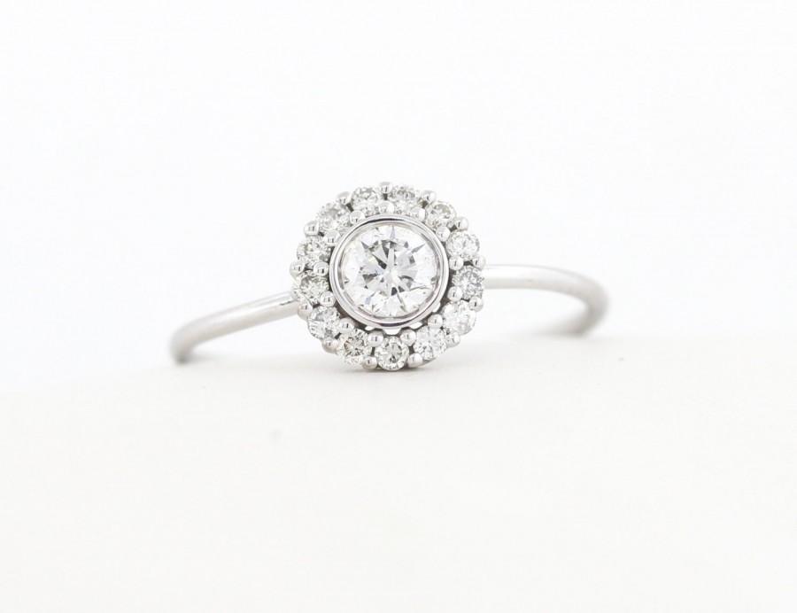 Wedding - Halo Set Ring, Round Brilliant Cut Diamond Halo Engagement Ring, White/Rose/Yellow Gold Thin Dainty Bezel Set Halo Engagement Ring,Halo Ring