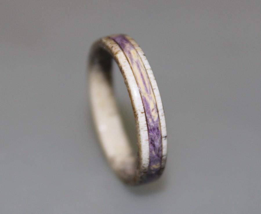 زفاف - Deer Antler Ring, Womens Antler Ring With Purple Box Elder Burl Inlay