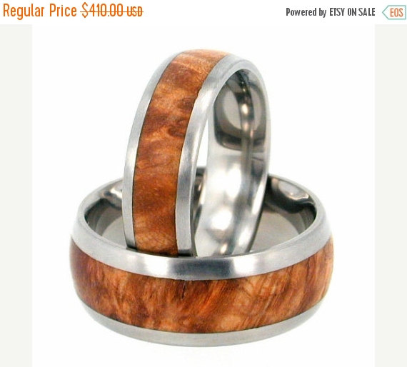 Hochzeit - Holiday Sale 10% Off Titanium Ring Set, Black Ash Burl Wood Rings, Wooden Wedding bands, Waterproof Wood, Ring Armor Included