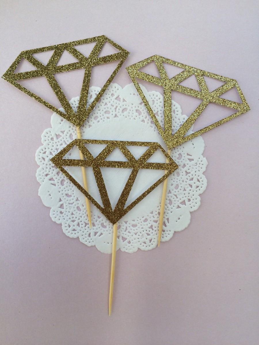Wedding - Diamond cupcake toppers/ donut/ food toppers/ engagement party/ bridal shower decoration, bachelorette party, gold glitter, ring, wedding