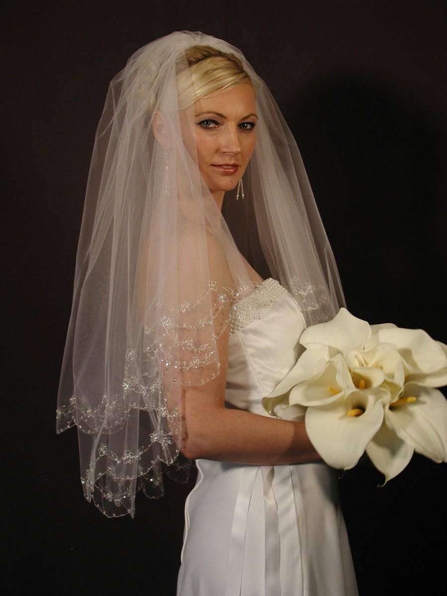 زفاف - Wedding veil 2 layers with beads and sequins with scalloped edge. 30/36 length. White only.