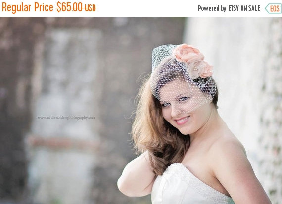 Hochzeit - Winter Sale Nicky bridal hair accessories, fascinators, Peach Floral Fascinator with birdcage blusher veil