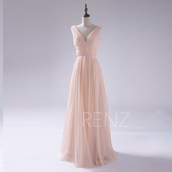 زفاف - 2015 Peach Bridesmaid dress, Blush Wedding dress, Backless Long Party dress, Deep V Neck Formal dress, Elegant dress floor length (F122)