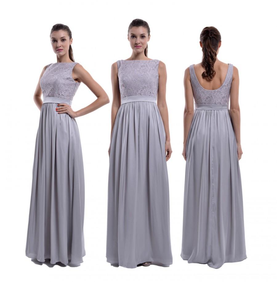 Wedding - Grey Lace Chiffon Bridesmaid Dress, Long Straps Bateau Neck Cheap Lace Bridesmaid Dress With Low Back
