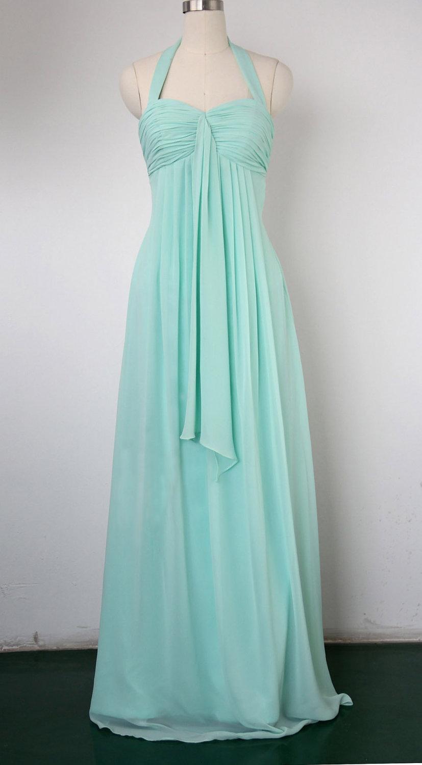 Mariage - Mint Halter Bridesmaid Dress, Column Halter Floor-length Chiffon Prom Dress 2014