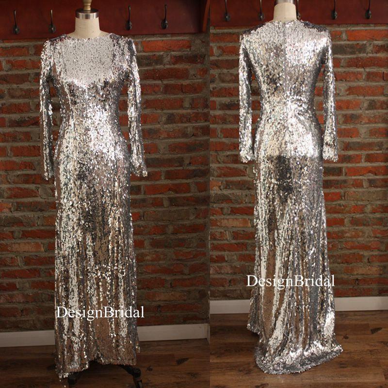 Свадьба - Eye-catching Sequined Warm Formal Dress,VIP Guest Dress for Wedding,Modest Long Sleeves Evening Gown Dress,Hot Sale Sparkle Dress Silver