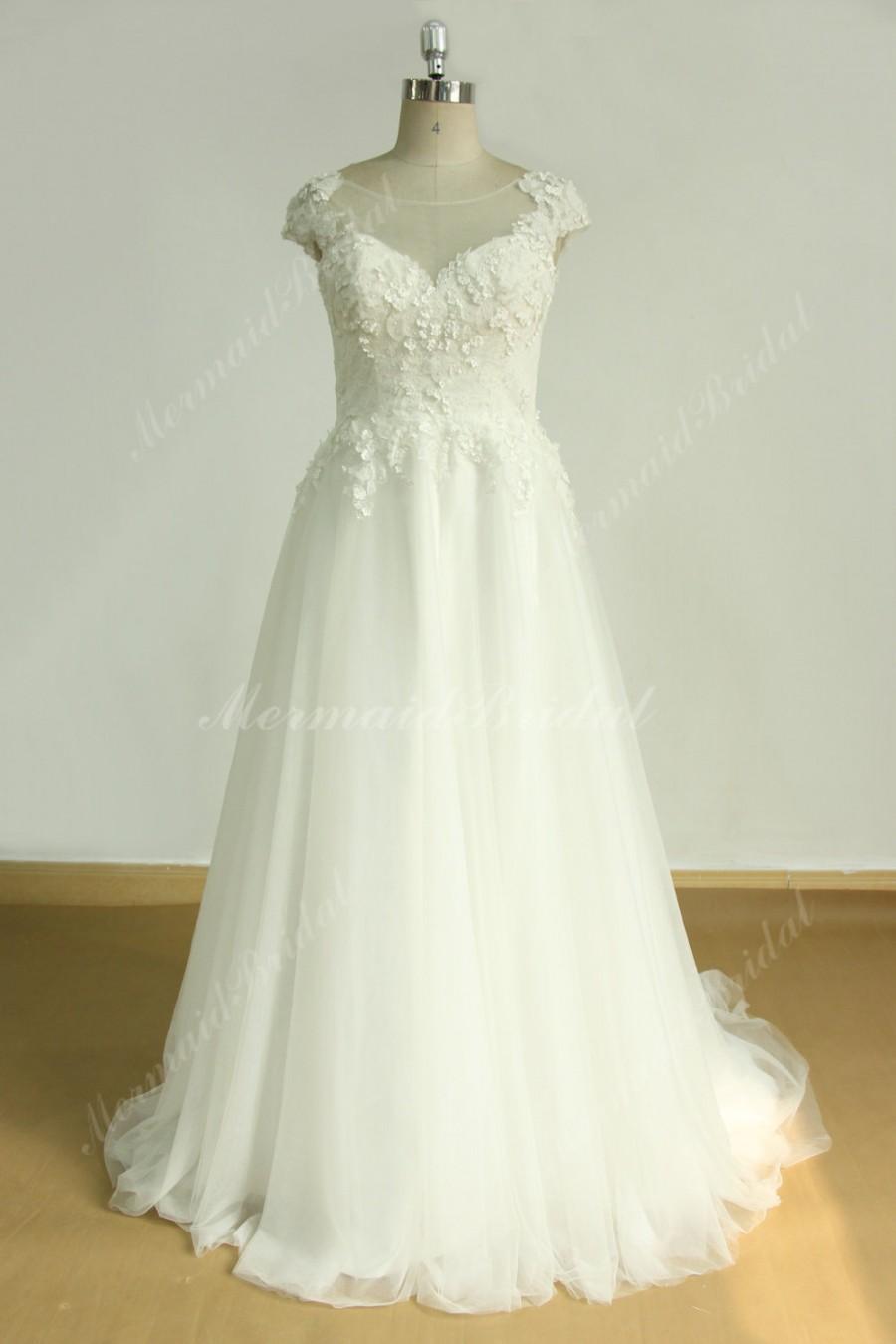 زفاف - Chic Open back romantic ivory A line tulle 3D flower lace wedding dress