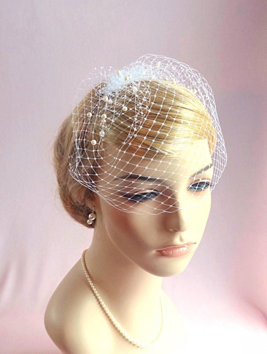 زفاف - bridal birdcage veil with pearls, small birdcage, wedding bird cage veil, Russian veiling, ivory, beige, white, pink, silver, gold Style 612