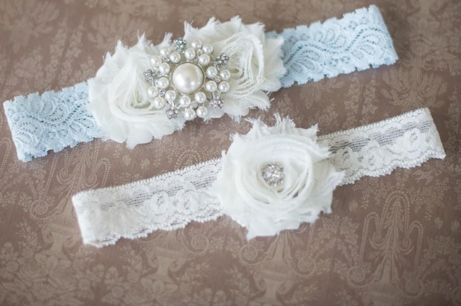Mariage - SALE!!! Wedding garter, Ivory and blue garter set, Bridal garter, Vintage Wedding