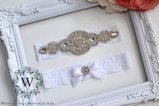 Hochzeit - ALICE - Luxury Wedding Garter Individual or Set - Ivory/White/Peach Lace Garter - Rhinestone Bridal Garter