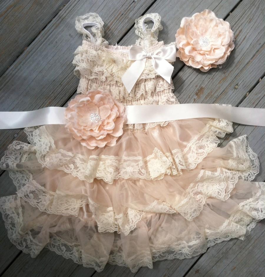 Hochzeit - Rustic Flower Girl Dress-Champagne Flower Girl Dress Set-Shabby Chic Flower Girl Dress-Bridal Sash-Lace Flower Girl Dress-Pettidress