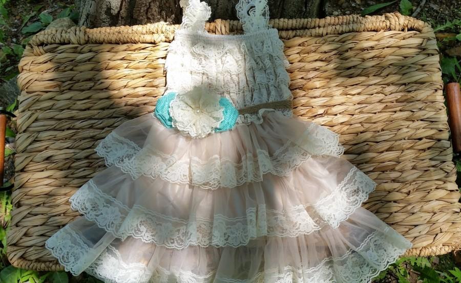 Wedding - Rustic Flower Girl Dress - Mint Blue Flower Girl- Burlap Flower Girl Dress- Lace Flower Girl Dresses - Mint-Turquoise