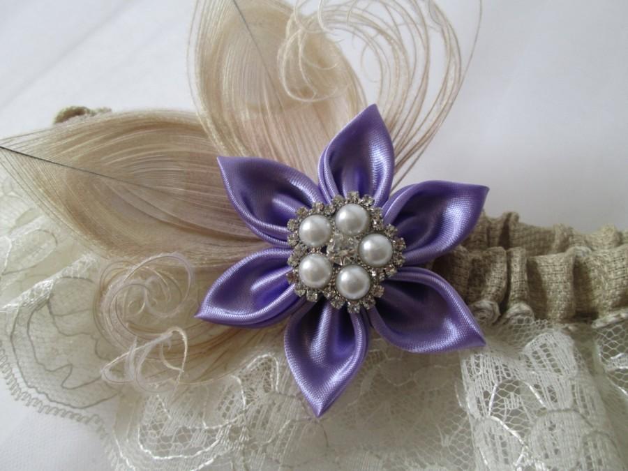 Свадьба - Lilac Purple Wedding Garters, BURLAP Bridal Garters, Ivory Lace Garters, Champagne Peacock Garter, Fairy / Rustic Country Beach Wedding