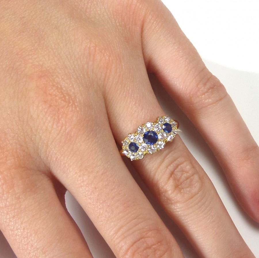 Wedding - Antique Sapphire Diamond Ring, 18ct Gold, Edwardian Diamond Sapphire Ring, Antique Engagement Ring, Diamond Halo Ring, Cluster Ring