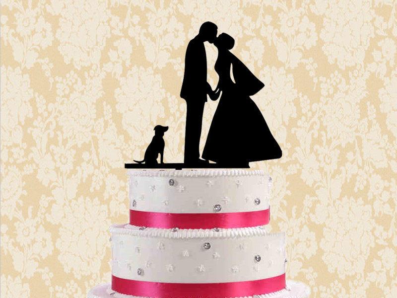 زفاف - Silhouette wedding cake topper-cake topper with dog-bride and groom kissing cake topper-wedding cake topper with dog-rustic cake topper
