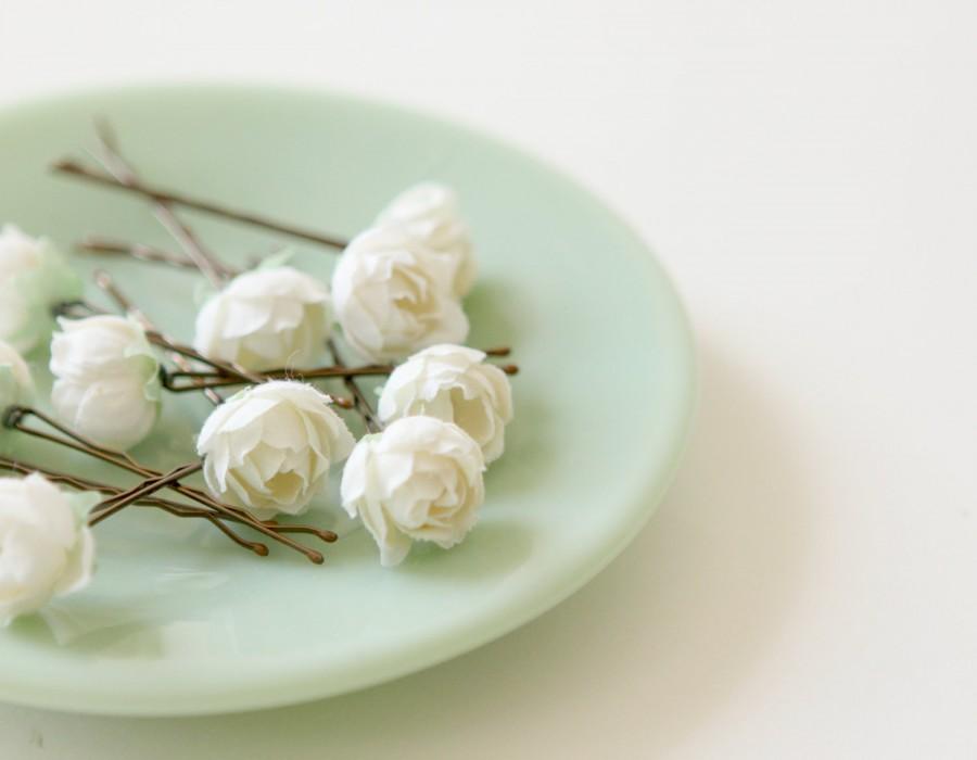 زفاف - White rose bobby pins, Flower hair clips, Bridal accessory bobbies - PEMBERLEY - set of five