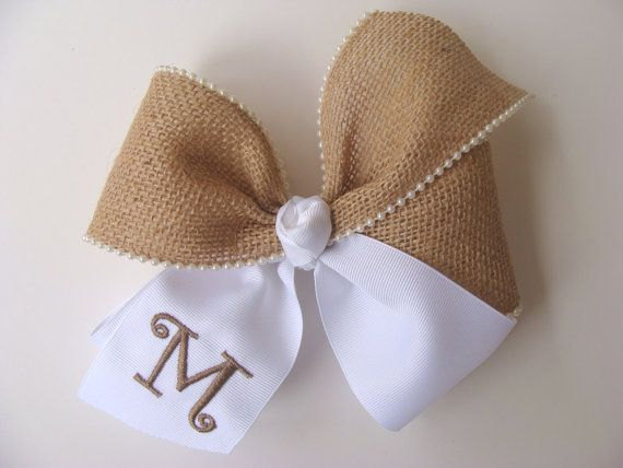 Mariage - Burlap Hair Bow Monogrammed HairBow Initial Personalized Gift Letter Lace Country Personalized Gift Boutique Pearls  wedding large rustic