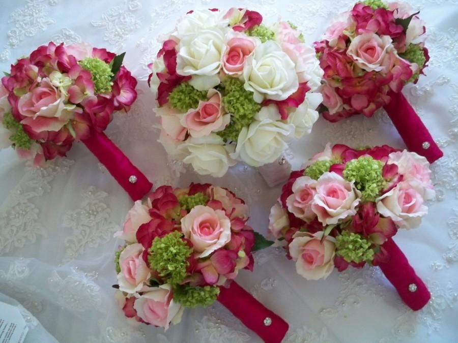 Wedding - Fuchsia Green Package Set of Silk and Realtouch Wedding Bridal Bouquets and Boutonnieres