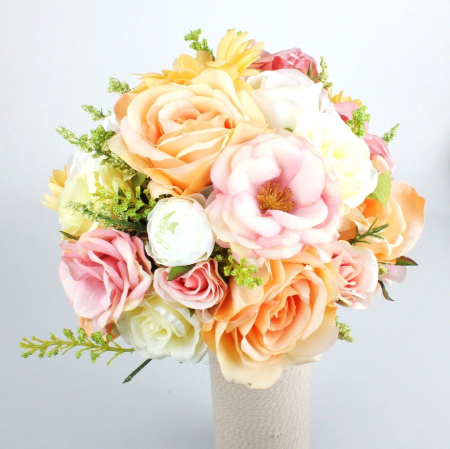 Wedding - Wedding Silk Flower Rustic Bouquet, Bridal bouquet, Wedding keepsake bouquet, Blush Pink Peach Coral Roses Gerbera Bouquet