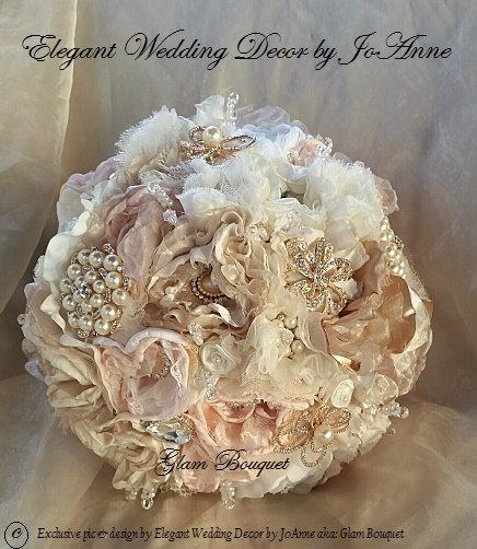 Mariage - VINTAGE FABRIC BOUQUET- Custom  fabric and lace Elegant Bridal Bouquet, Jeweled Bouquet, lace Bouquet, Vintage Theme, Shabby Chic