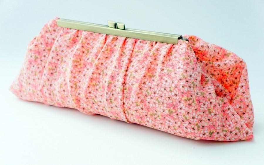 Wedding - Pink Coral Clutch Purse - Romantic Floral Bridesmaid Handbag - Gift for Women - Includes Chain - Ready to Ship!