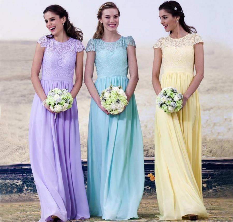 Hochzeit - 2015 Customized Long Bridesmaid Dresses Long Party Crew Neck Capped Sleeves Lace A-line Floor-length Chiffon Evening Gowns Formal Dresses Online with $70.15/Piece on Hjklp88's Store 