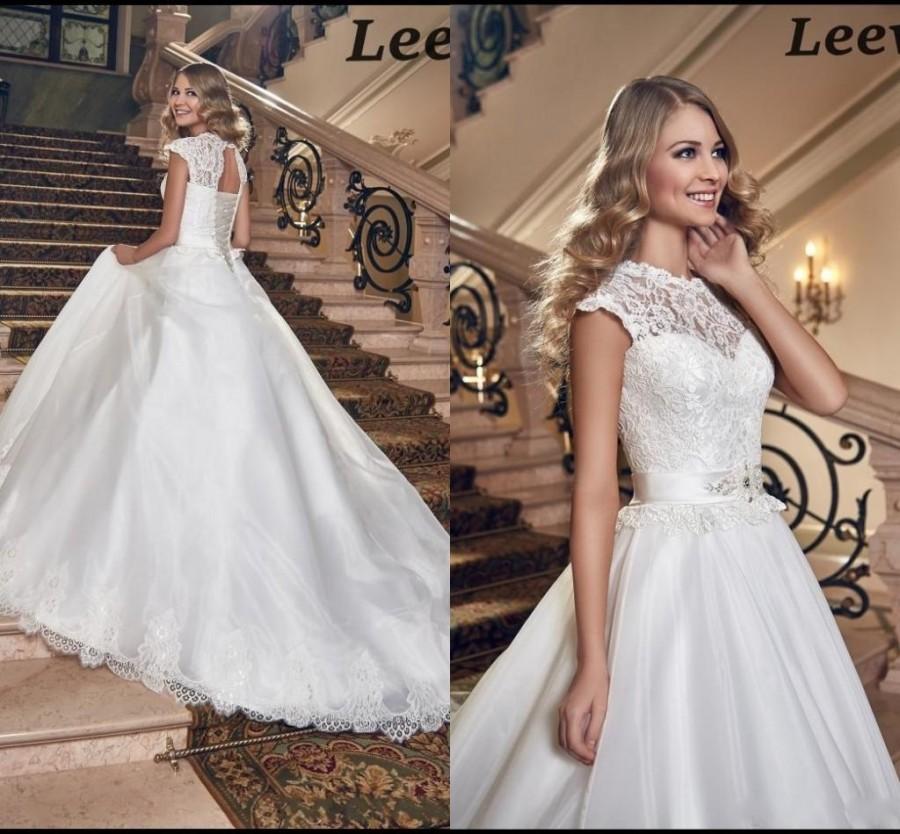 Hochzeit - Elegant 2016 Sheer Wedding Dresses With Jewel Neck Lace Sash Capped Satin Lace Up Back Chapel Train Berta Bridal Gowns Wedding Ball A-Line Online with $129.06/Piece on Hjklp88's Store 