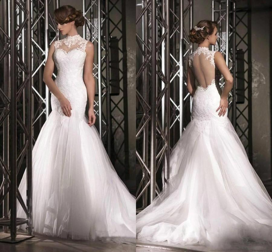 Hochzeit - 2016 New Designer High Neck Mermaid Wedding Dresses White Sheer Lace Sleeveless Backless See Through Tulle Applique Bridal Gowns Church Online with $121.94/Piece on Hjklp88's Store 