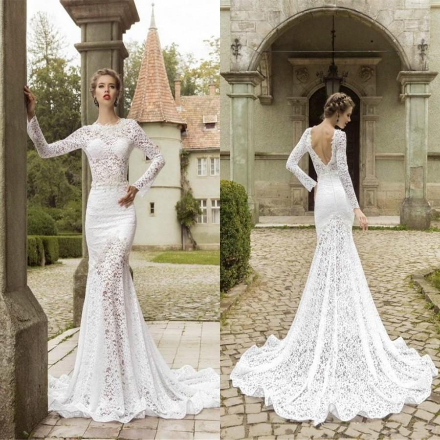 Mariage - Fashion Lace Sweep Train Mermaid Wedding Dresses Fitted Bodice 2015 Sheer Crew Neck Illusion Long Sleeve Garden Bridal Gowns Custom Online with $126.39/Piece on Hjklp88's Store 