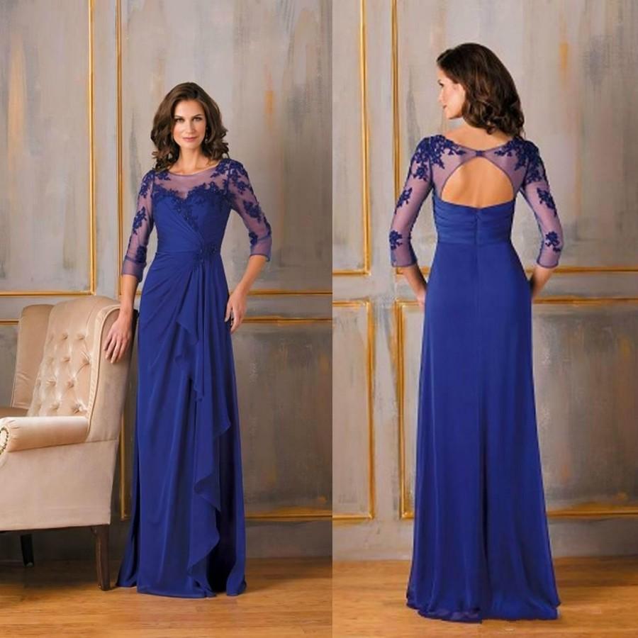 Mariage - Long Sheer Chiffon Mother Of Bride Dresses Blue 2015 Mother's Dress 3/4 Long Sleeve Floor Length Ball Gowns Formal Evening Dress Custom Online with $102.36/Piece on Hjklp88's Store 