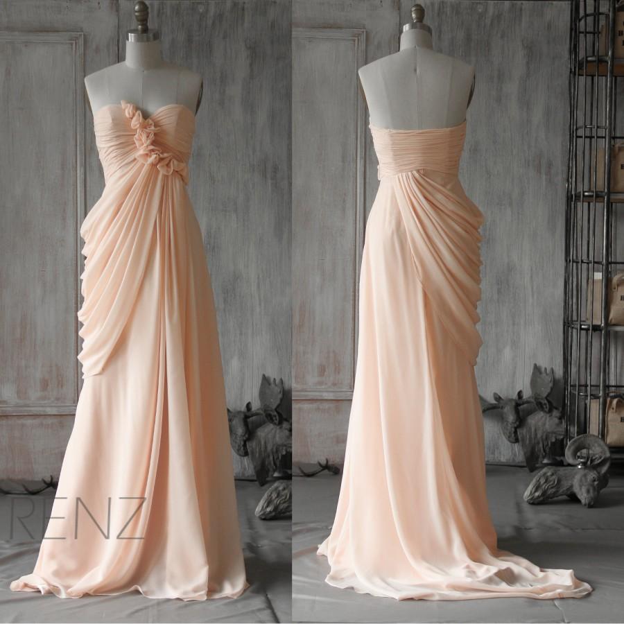 زفاف - 2015 Peach Chiffon Bridesmaid dress, Chiffon Rosette Flower, Blush dress,Backless Wedding, Ruffle Draped Formal Dress, Floor Length (F073)