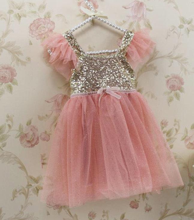 Wedding - Pink Glitter or Ivory Gold  Sequin Princess Birthday party Flower Girl dress