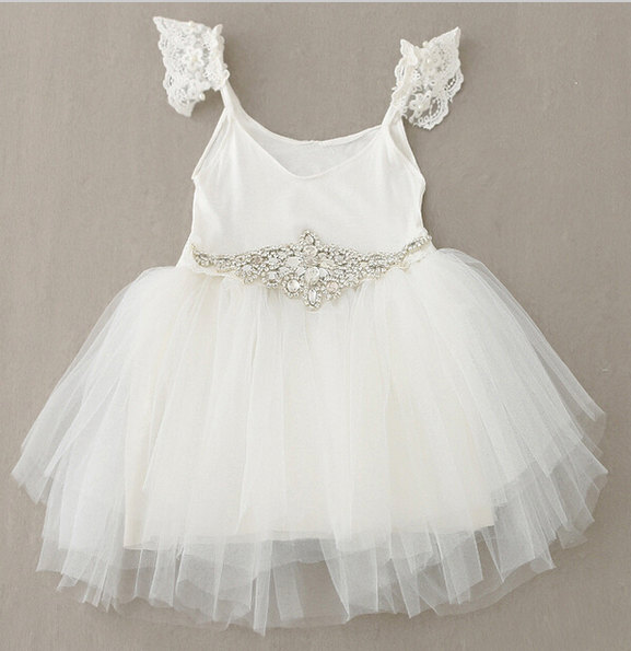 Mariage - Ivory Fairy Dress with Rhinestone Sash and Lace Detail