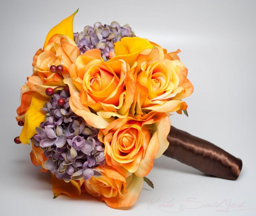 زفاف - Rustic Orange Wedding Bouquet - Burnt Orange Rose Calla Lily and Lavender Hydrangea Wedding Bouquet