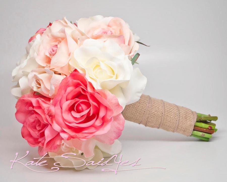 Свадьба - Silk Wedding Bouquet - White Pink and Peach Burlap Rose Silk Wedding Bouquet - Rustic Bridal Bouquet