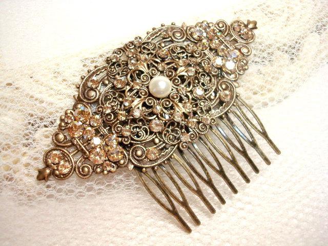 Hochzeit - Vintage bridal hair comb, wedding hair comb, fascinator, Swarovski golden shadow crystals and Swarovski ivory pearl, wedding hair