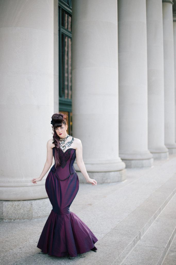 Wedding - SAMPLE Purple Wedding Dress - Gorgeous Diva - Taffeta and Lace Steampunk Mermaid Gown- Bustle Skirt- Ready to Ship Size MEDIUM -