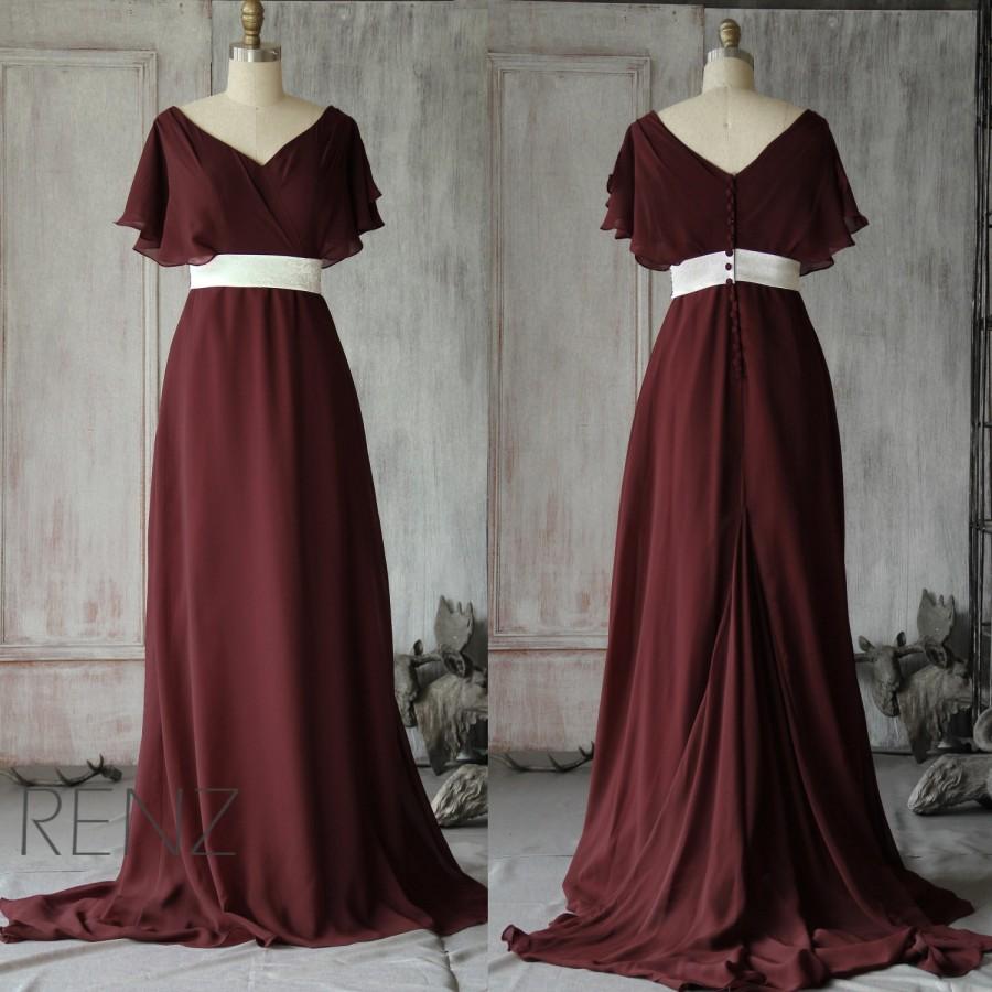 Mariage - 2015 New Wine Chiffon Bridesmaid dresses, Empire Waist Wedding dress, V neck Party dress, Long Formal dress, Prom Dress floor length (F049)