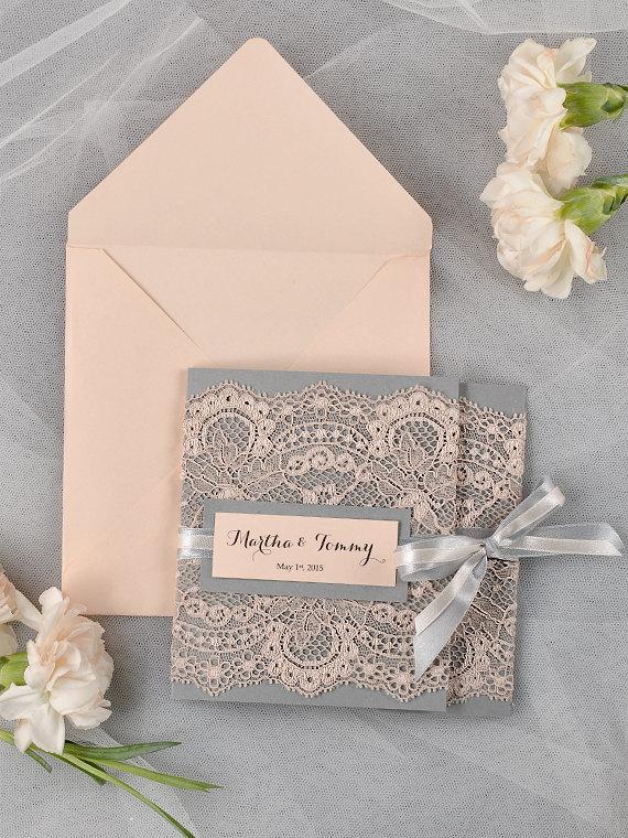 Hochzeit - Custom listing (100) Grey and Peach Lace  Wedding Invitation, Pocket Fold Wedding Invitations , Vintage Wedding invitation