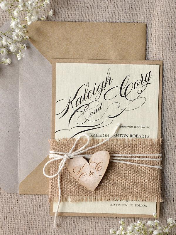 Свадьба - Rustic Wedding Invitations (20), Wedding Invitation Suite, Calligraphy Wedding Invites, Engraved wood heart Invitation, 